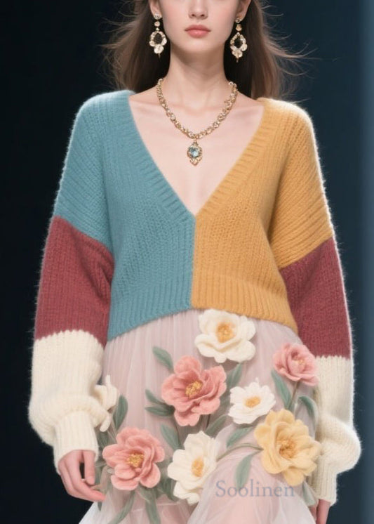 Style Colorblock V Neck Tulle Floral Knit Sweater Dress Fall