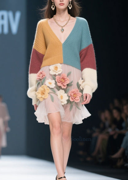 Style Colorblock V Neck Tulle Floral Knit Sweater Dress Fall