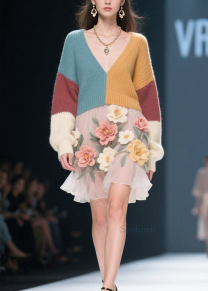 Style Colorblock V Neck Tulle Floral Knit Sweater Dress Fall