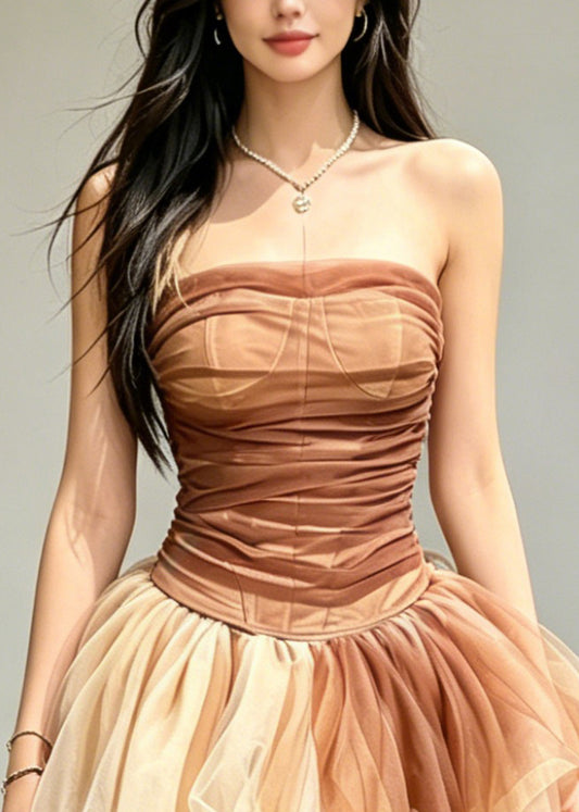 Style Colorblock Wrinkled Tulle Vest And Skirts Two Pieces Set Sleeveless