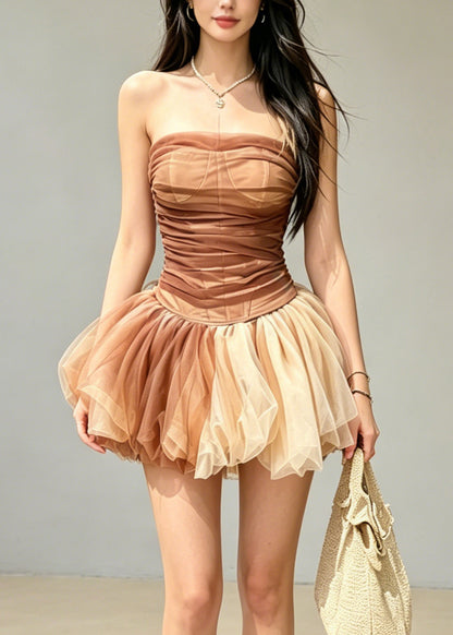 Style Colorblock Wrinkled Tulle Vest And Skirts Two Pieces Set Sleeveless