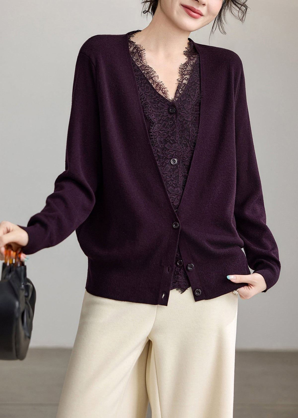 Style Dark Purple V Neck Lace Patchwork Knit Fake Two Piece Cardigan Fall