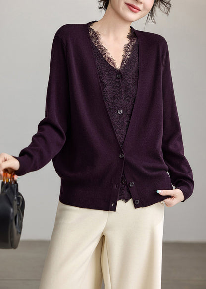 Style Dark Purple V Neck Lace Patchwork Knit Fake Two Piece Cardigan Fall