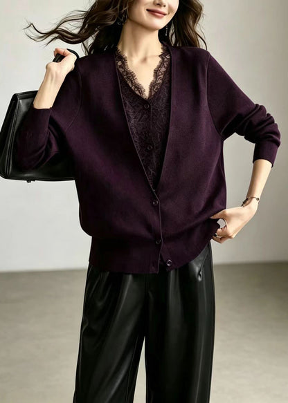 Style Dark Purple V Neck Lace Patchwork Knit Fake Two Piece Cardigan Fall