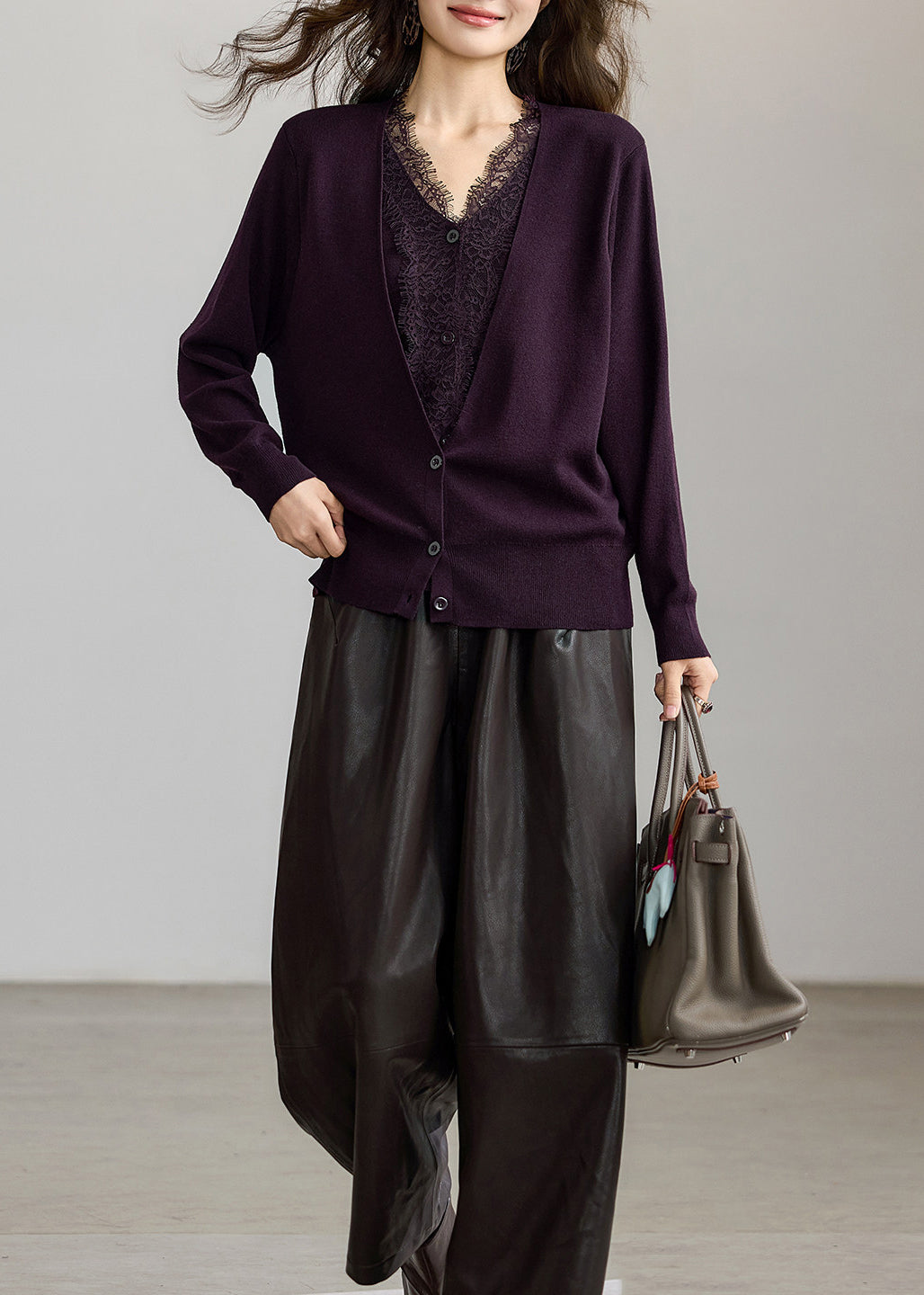 Style Dark Purple V Neck Lace Patchwork Knit Fake Two Piece Cardigan Fall