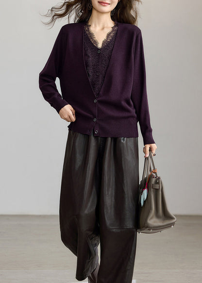 Style Dark Purple V Neck Lace Patchwork Knit Fake Two Piece Cardigan Fall