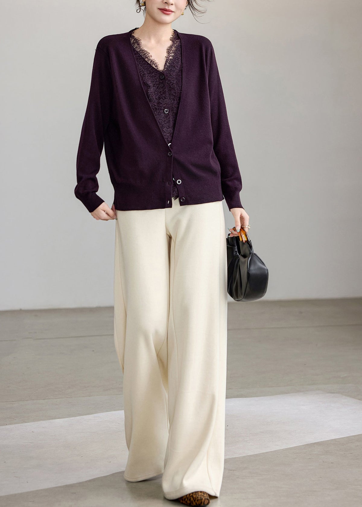 Style Dark Purple V Neck Lace Patchwork Knit Fake Two Piece Cardigan Fall