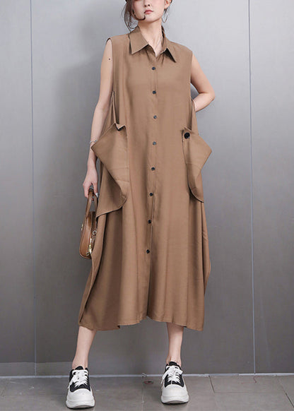 Style Deep Khaki Peter Pan Collar Long Dresses Sleeveless