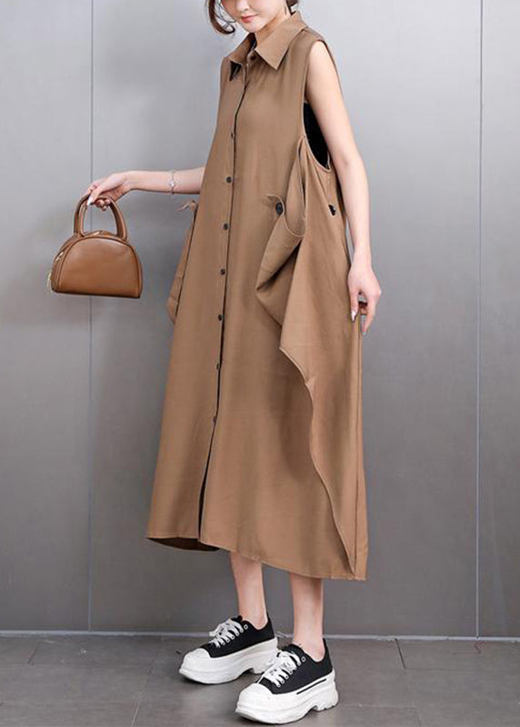 Style Deep Khaki Peter Pan Collar Long Dresses Sleeveless