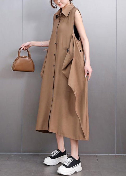 Style Deep Khaki Peter Pan Collar Long Dresses Sleeveless