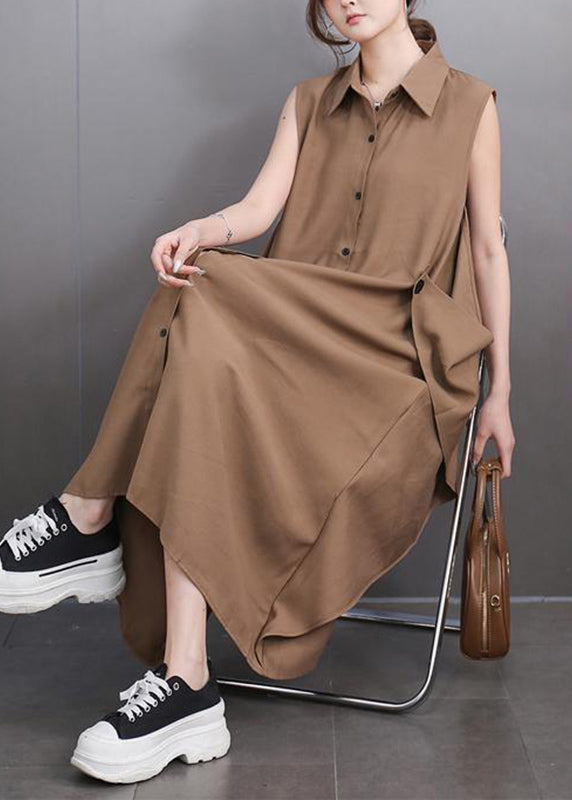 Style Deep Khaki Peter Pan Collar Long Dresses Sleeveless
