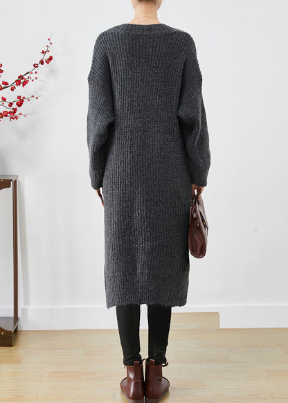 Style Dull Grey V Neck Pockets Knit Long Cardigan Fall