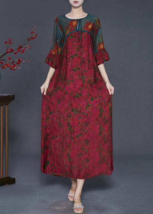 Style Dull Red Print Patchwork Silk Long Dress Flare Sleeve