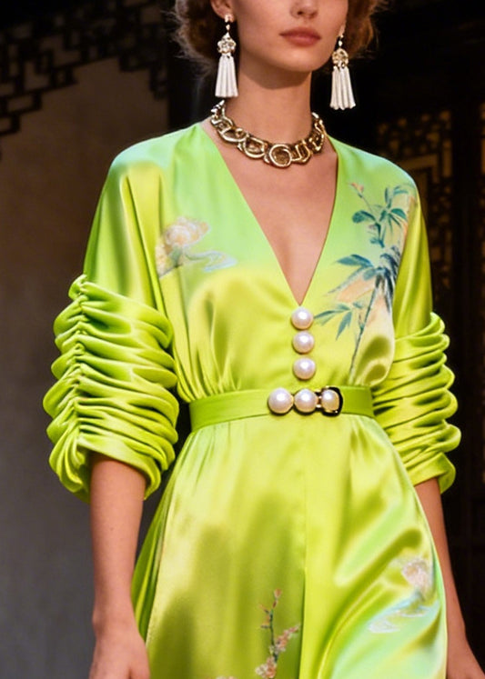 Style Fluorescent Green Print Nail Bead Silk Maxi Dresses Summer