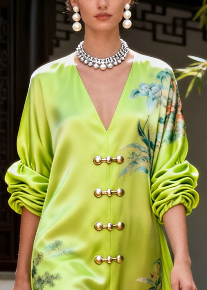Style Fluorescent Green V Neck Print Silk Vacation Dresses Summer