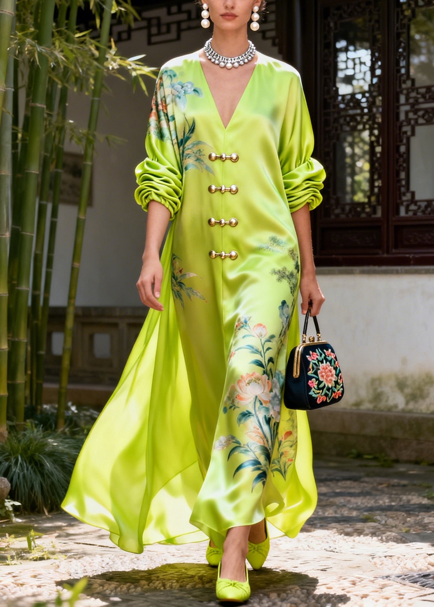Style Fluorescent Green V Neck Print Silk Vacation Dresses Summer