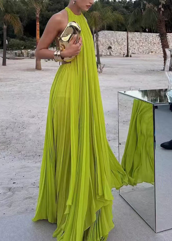 Style Fluorescent Yellow O Neck Backless Chiffon Ankle Dress Sleeveless