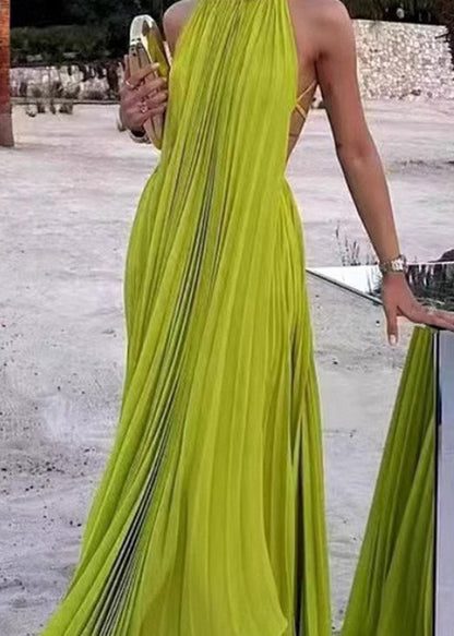 Style Fluorescent Yellow O Neck Backless Chiffon Ankle Dress Sleeveless