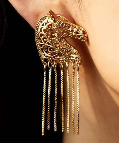 Style Gold Copper Overgild Warhorse Hollow Out Tassel Drop Earrings