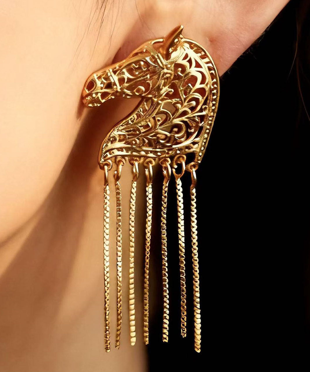 Style Gold Copper Overgild Warhorse Hollow Out Tassel Drop Earrings