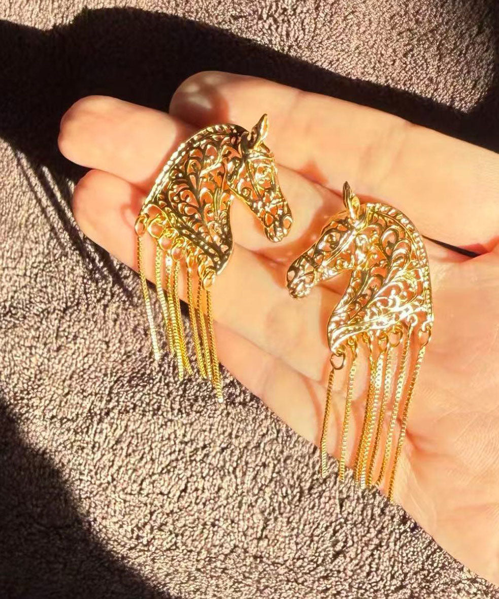 Style Gold Copper Overgild Warhorse Hollow Out Tassel Drop Earrings