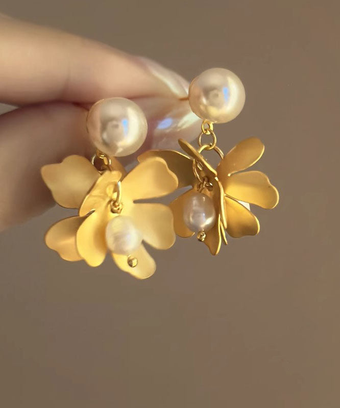 Style Gold Metal Overgild Pearl Floral Stud Earrings