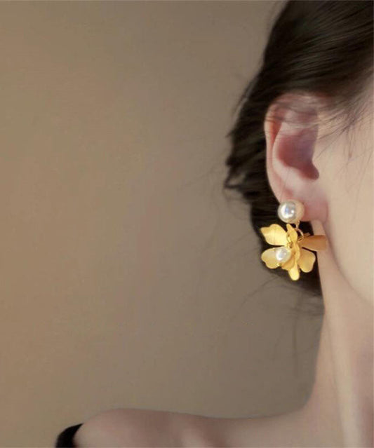 Style Gold Metal Overgild Pearl Floral Stud Earrings