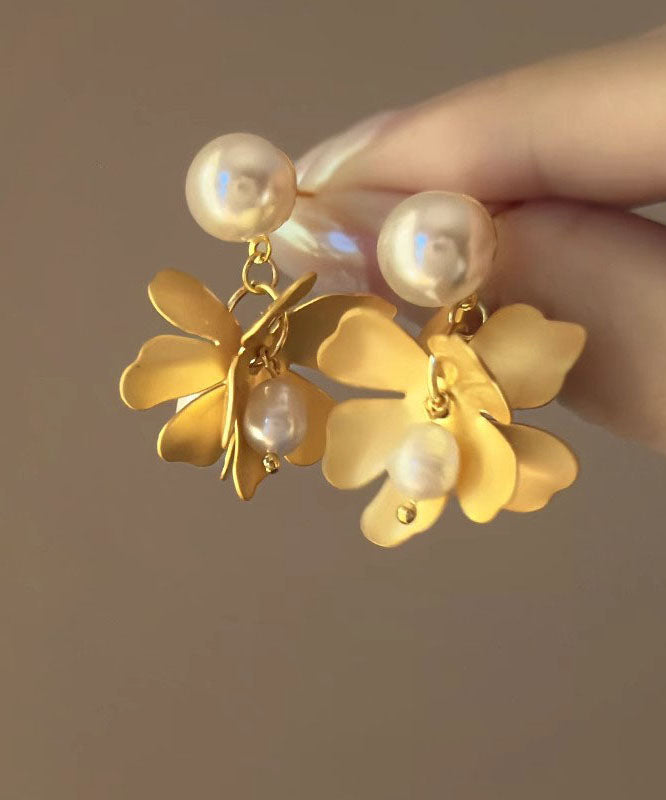 Style Gold Metal Overgild Pearl Floral Stud Earrings