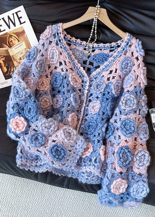 Style Gradient Color Hollow Out Floral Decorated Knit Cardigans Fall