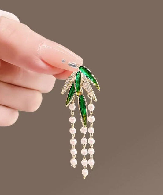 Style Green Alloy Zircon Bamboo Leaf Pearl Tassel Brooches