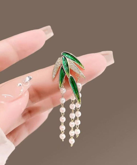 Style Green Alloy Zircon Bamboo Leaf Pearl Tassel Brooches