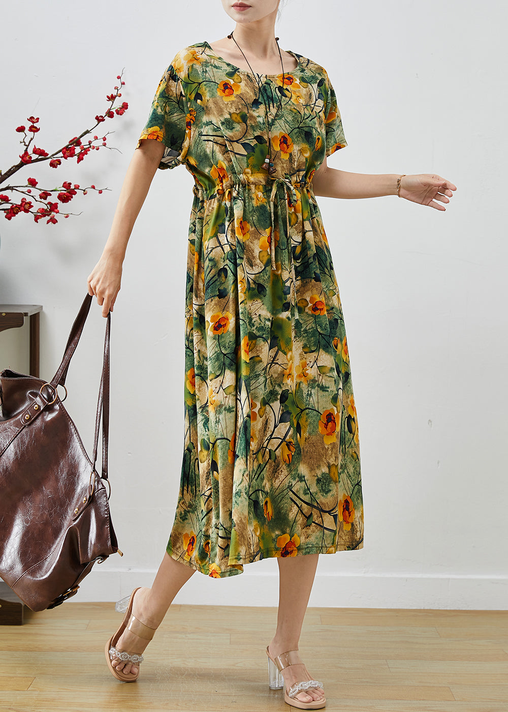 Style Green Cinched Print Cotton Ankle Dress Summer
