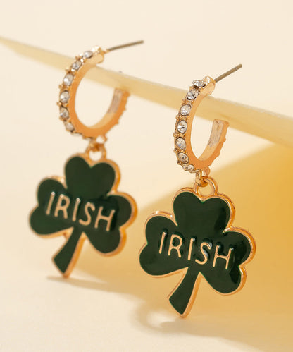 Style Green Copper Alloy Zircon Leaf C-Shaped Hoop Earrings