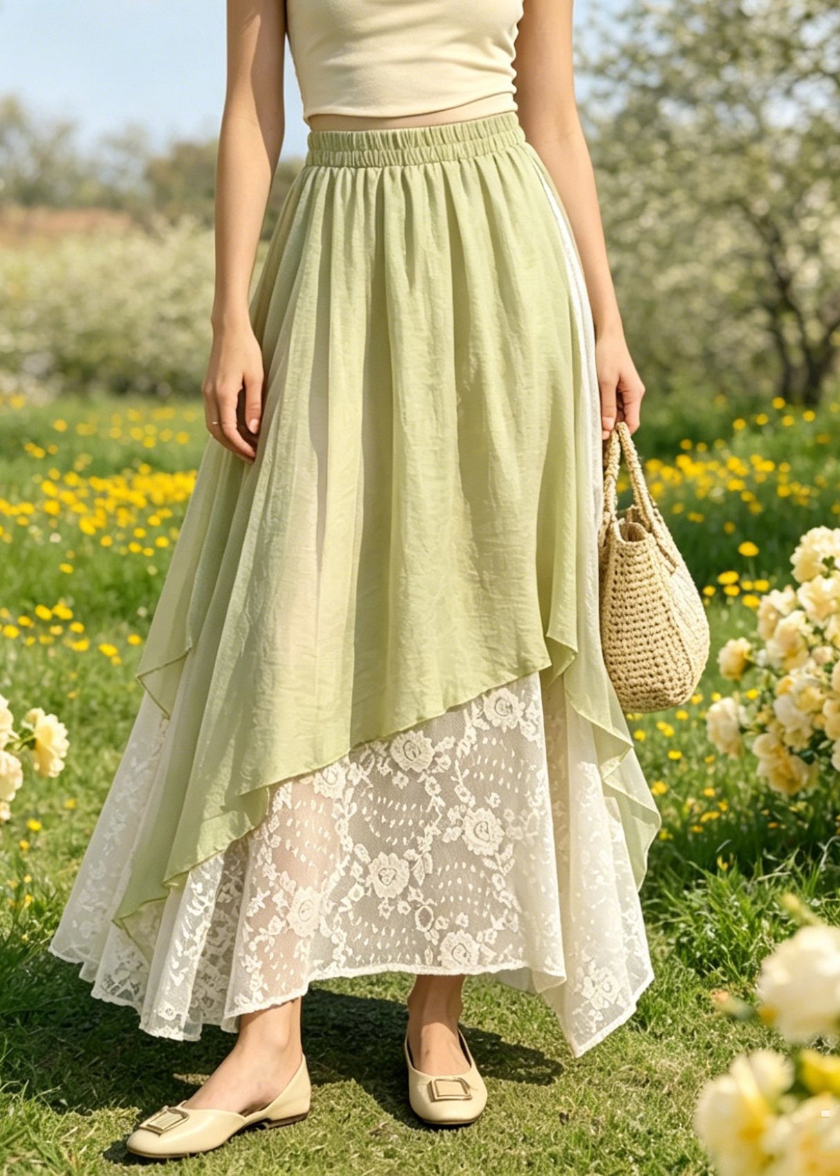 Style Green Lace Patchwork Elastic Waist A Line Skirts