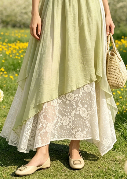 Style Green Lace Patchwork Elastic Waist A Line Skirts