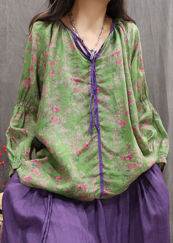 Style Green Lace Up Print Cotton Shirts Fall