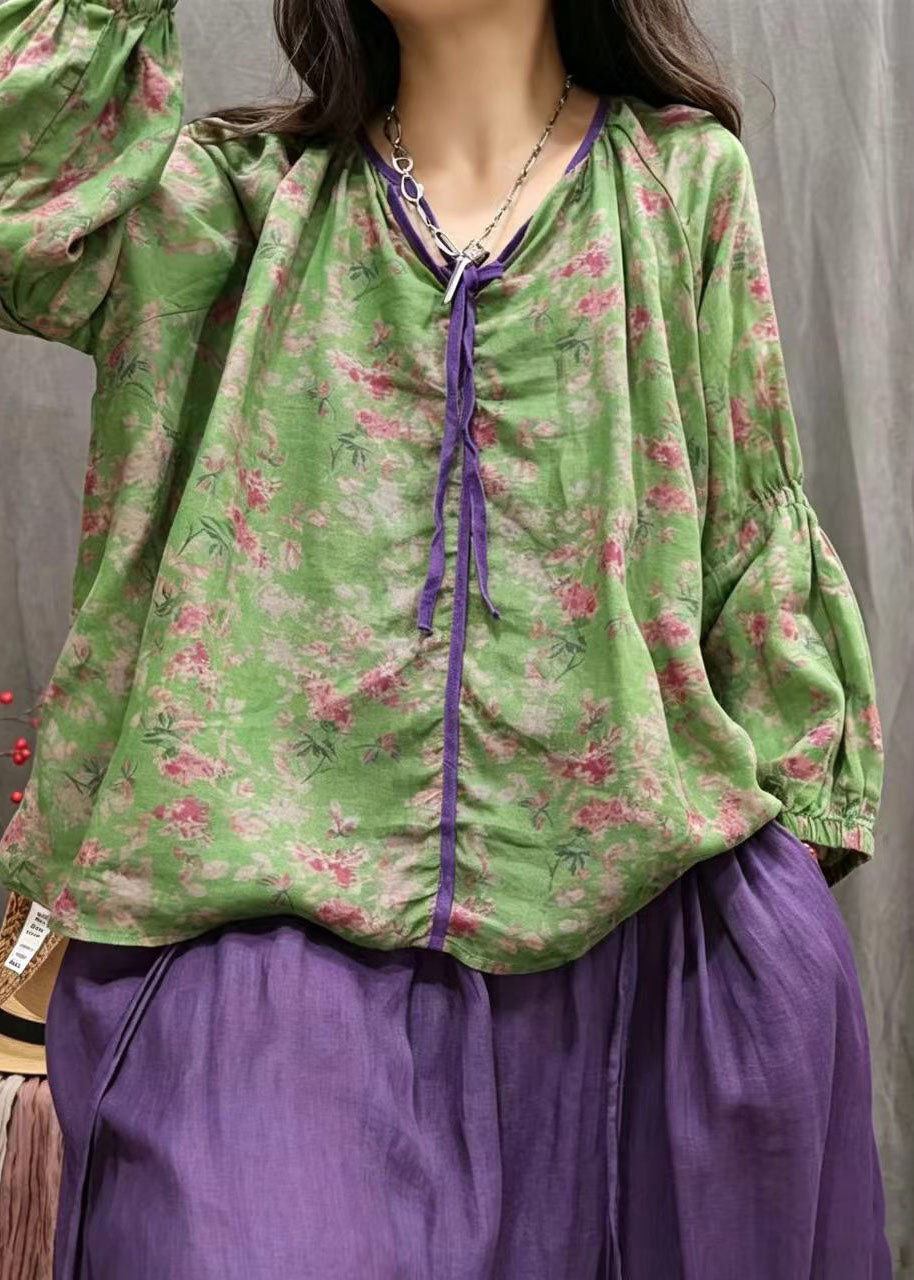 Style Green Lace Up Print Cotton Shirts Fall