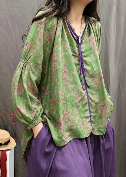 Style Green Lace Up Print Cotton Shirts Fall