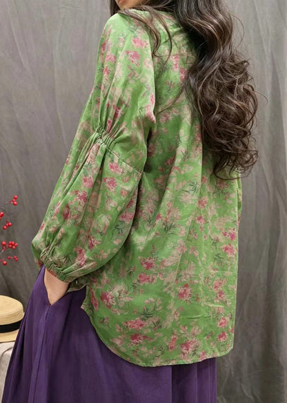 Style Green Lace Up Print Cotton Shirts Fall
