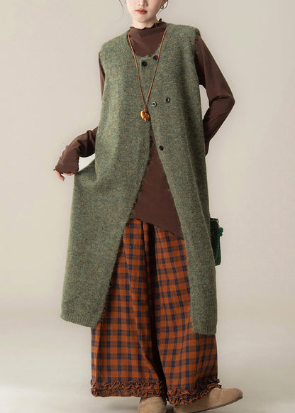 Style Green O-Neck Cotton Knit Long Sweaters Dress ,Top And Wide Leg Pants Three Pieces Set Sleeveless