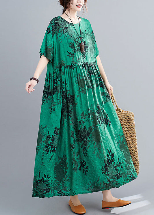 Style Green O-Neck Patchwork Maxi Dress Short Sleeve