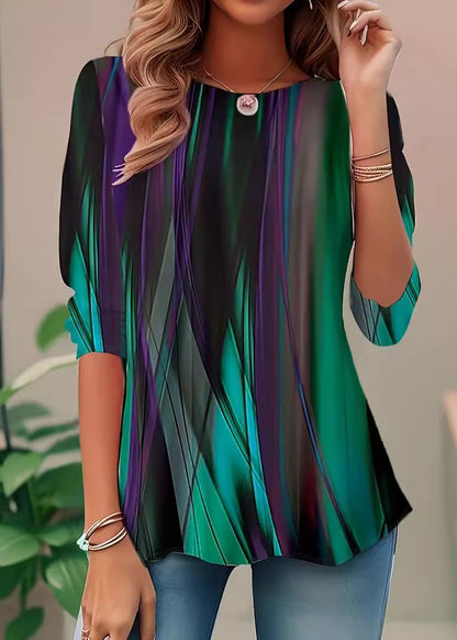 Style Green O Neck Print Loose Cotton Shirt Top Summer