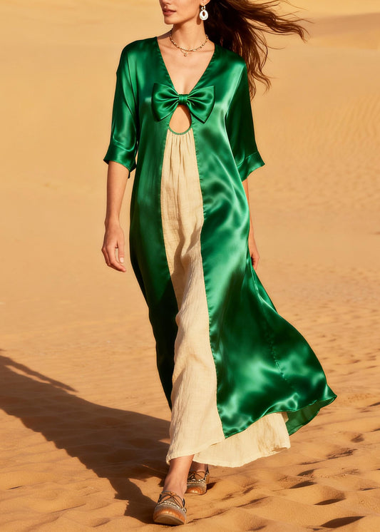 Style Green Oversized Patchwork Linen Silk Holiday Dress Summer