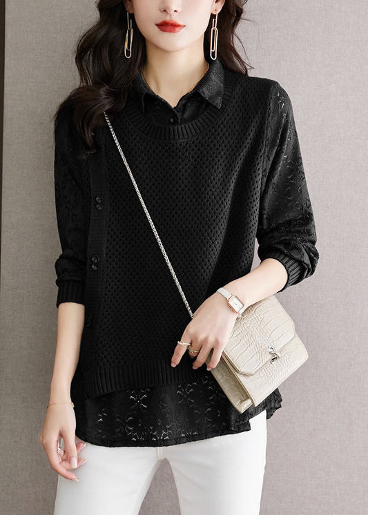 Style Green Peter Pan Collar Fake Two Pieces Lace Patchwork Knit Sweater Spring