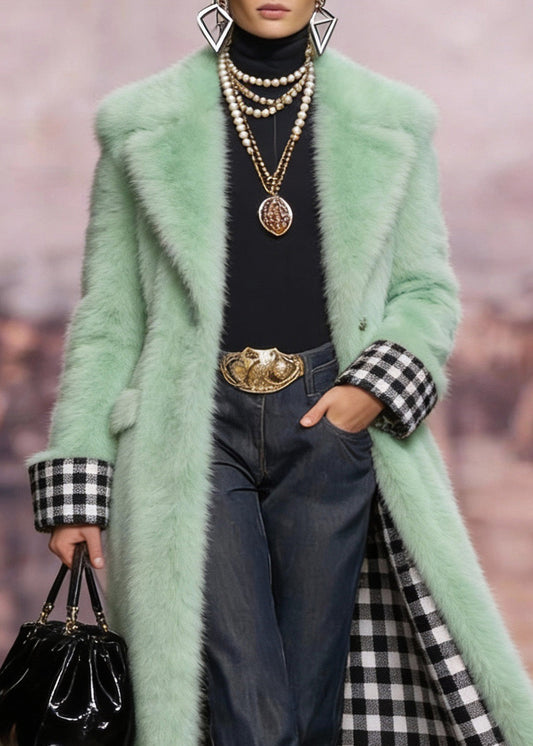 Style Green Peter Pan Collar Pockets Faux Fur Coats Winter