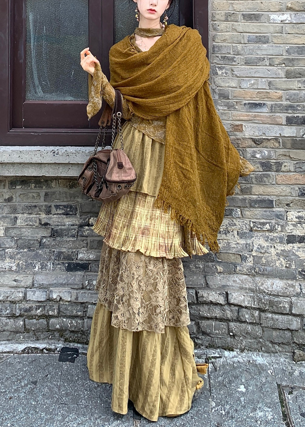 Style Green Print Top, Maxi Skirts And Shawl Three Piece Set Flare Sleeve