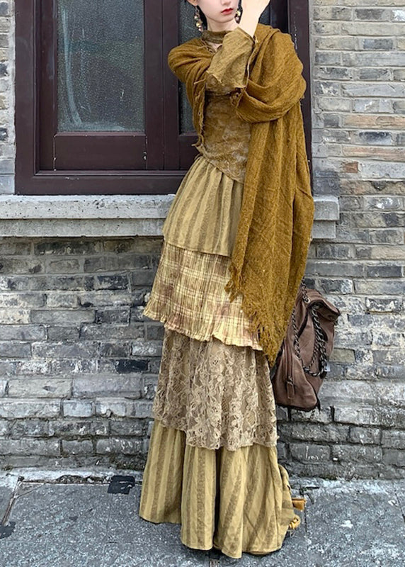 Style Green Print Top, Maxi Skirts And Shawl Three Piece Set Flare Sleeve