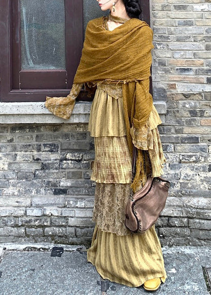 Style Green Print Top, Maxi Skirts And Shawl Three Piece Set Flare Sleeve