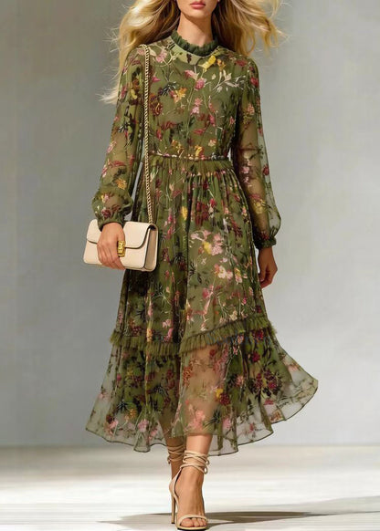 Style Green Ruffled Jacquard Patchwork Silk Dresses Fall