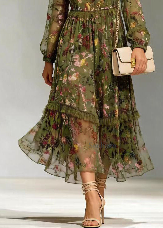 Style Green Ruffled Jacquard Patchwork Silk Dresses Fall